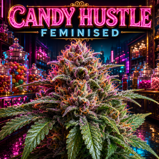 A large, heavily trichome-covered cannabis bud stands in the center of a neon-lit candy shop interior, with colorful jars of sweets in the background and a glowing sign reading 'CANDY HUSTLE FEMINISED'.