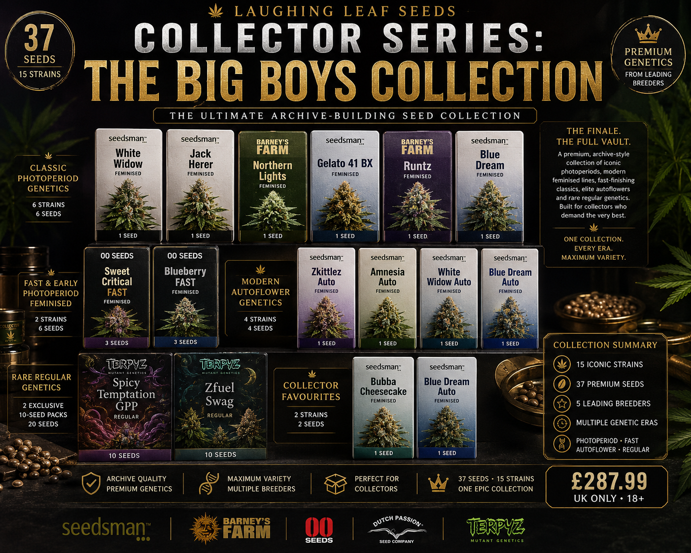 Promotional graphic for the Collector Series: The Big Boys Collection by Seedsman, featuring a grid of 30 cannabis seed varieties with illustrated leaf graphics, collection summary statistics, and multiple brand logos at the bottom.