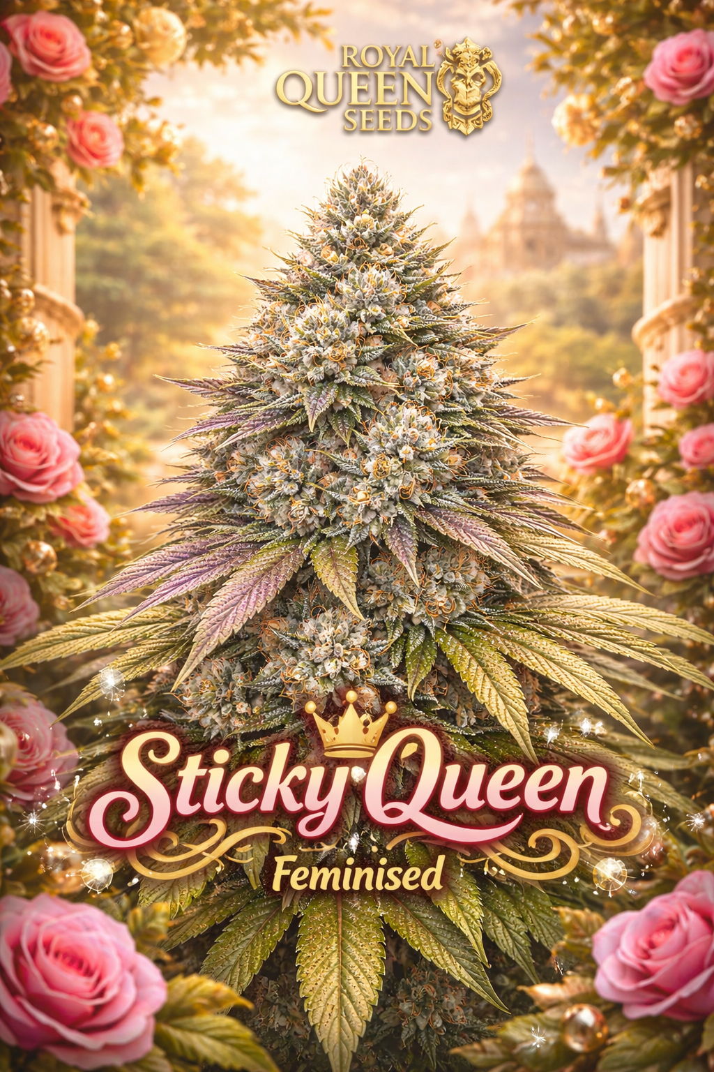Sticky Queen Feminised cannabis plant promotional artwork with frosty multicoloured buds, royal palace-themed background, pink roses framing the scene, Royal Queen Seeds logo, and bold crowned strain name at the bottom