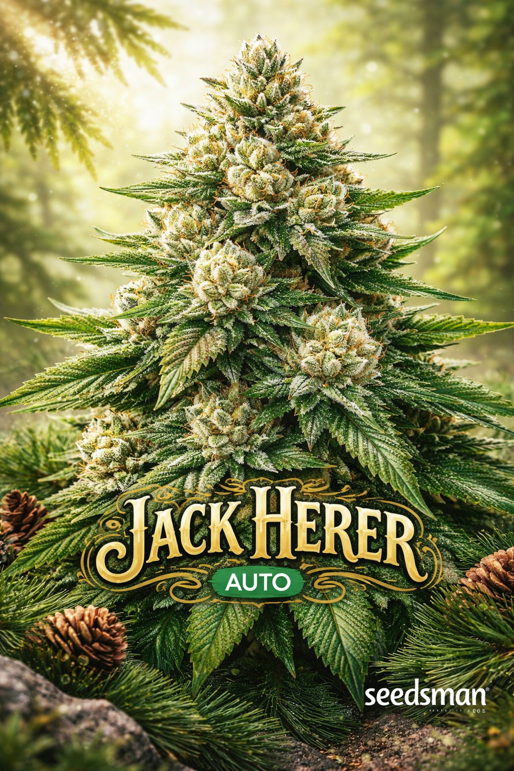 Hyper-realistic forest-themed cannabis artwork for Jack Herer Auto Feminised Seeds by Seedsman, showing a tall, multi-cola plant with frosty trichomes, vibrant green fan leaves, warm sunlight, pine cones, and the strain name with Seedsman logo at the bottom.
