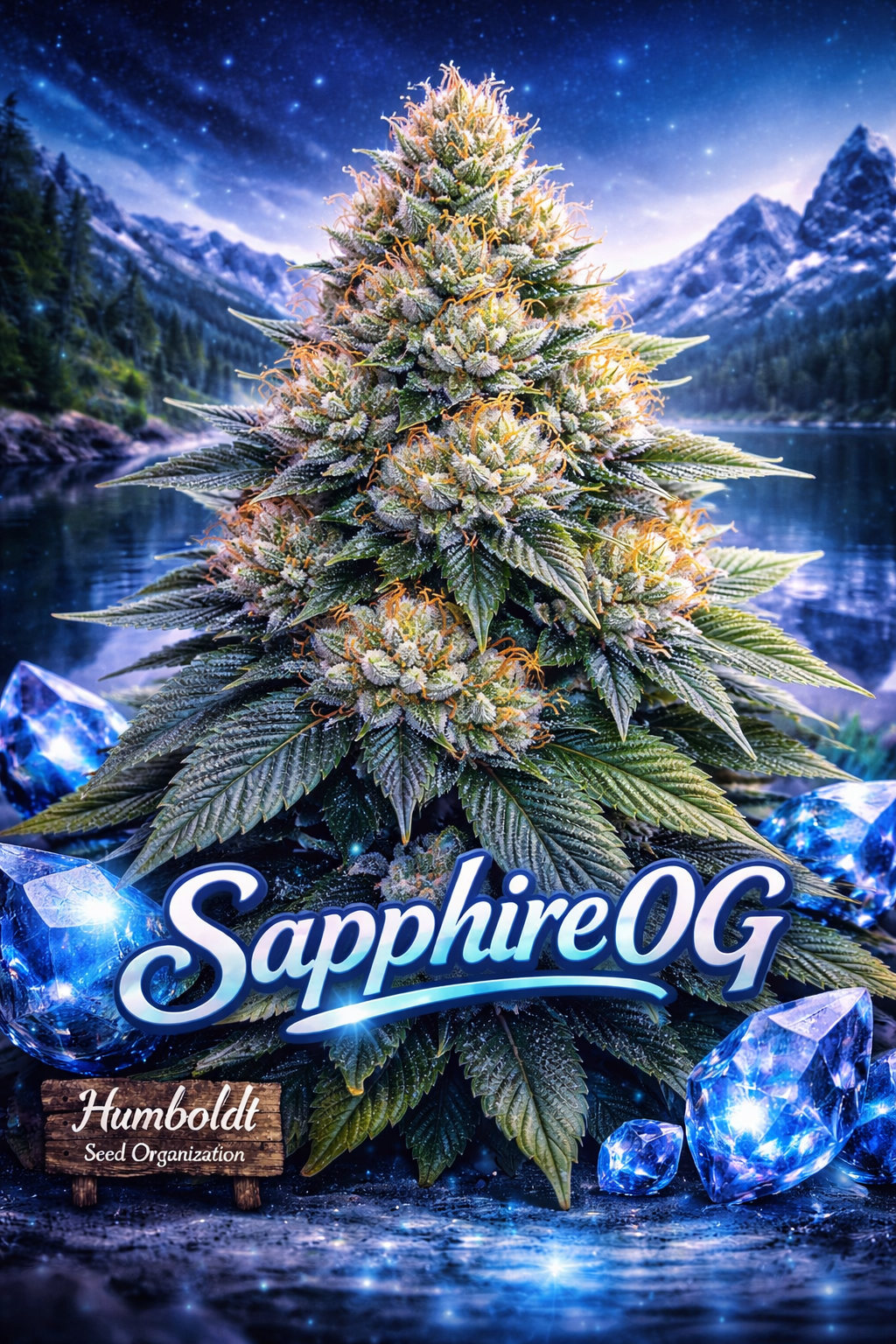 Hyper-realistic Sapphire OG Feminised Seeds artwork by Humboldt Seed Organization, showing a dense frosty cannabis plant with blue gemstone accents, vibrant orange pistils, detailed fan leaves, and a mountain-lake twilight background with bold strain name typography.
