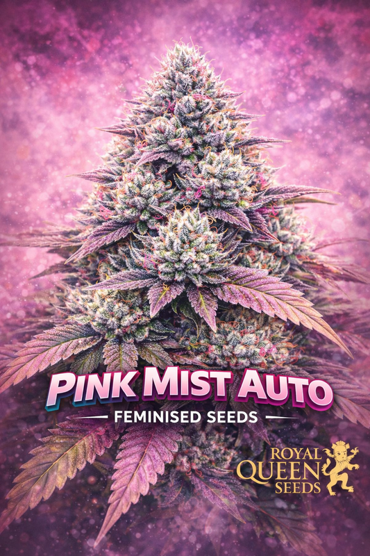Hyper-realistic close-up of a frosty Pink Mist Auto cannabis plant with dense pink-tinged buds and bright orange pistils, set against a soft purple-pink misty background. Bold “Pink Mist Auto Feminised Seeds” text appears at the bottom with the Royal Queen Seeds logo.