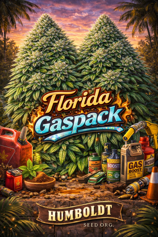 Hyper-realistic promotional artwork for Florida Gaspack Feminised Seeds by Humboldt Seed Org., featuring two large frosty green cannabis plants with abundant fan leaves set against a vivid tropical sunset, surrounded by petrol-themed props including fuel cans, gas additives, a nozzle, and scattered bullet casings, with bold strain text and the Humboldt Seed Org. logo on a wooden plaque.