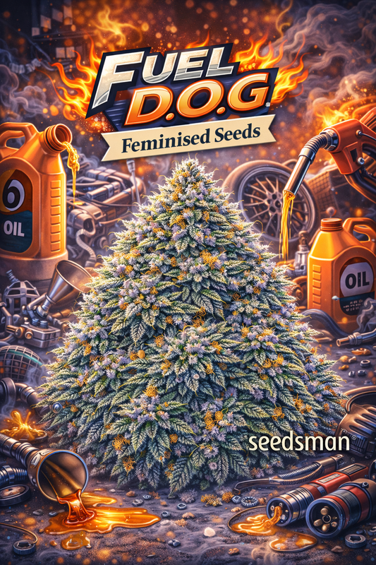Hyper-realistic promotional artwork of “Fuel D.OG Feminised Seeds – Seedsman,” featuring a dense, frosty cannabis plant with green and purple tones and bright orange pistils. The background is a dramatic automotive workshop theme with flaming graphics, oil containers, gasoline nozzles, engine parts, and spilled motor oil on the ground. Bold fiery “Fuel D.OG” text, a “Feminised Seeds” banner, and the Seedsman logo appear on the image. No grow equipment shown.