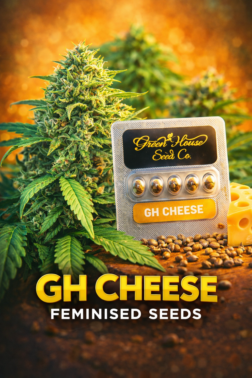 Portrait image of GH Cheese feminised cannabis seeds packaging by Green House Seed Co. with a mature cannabis plant, scattered seeds, and cheese elements on a bright, colourful background
