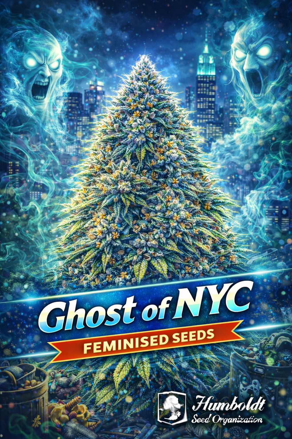 Ghost of NYC Feminised cannabis plant with icy blue frosty buds, glowing ghost figures, and a neon New York skyline in the background, featuring bold strain branding and the Humboldt Seed Organization logo.
