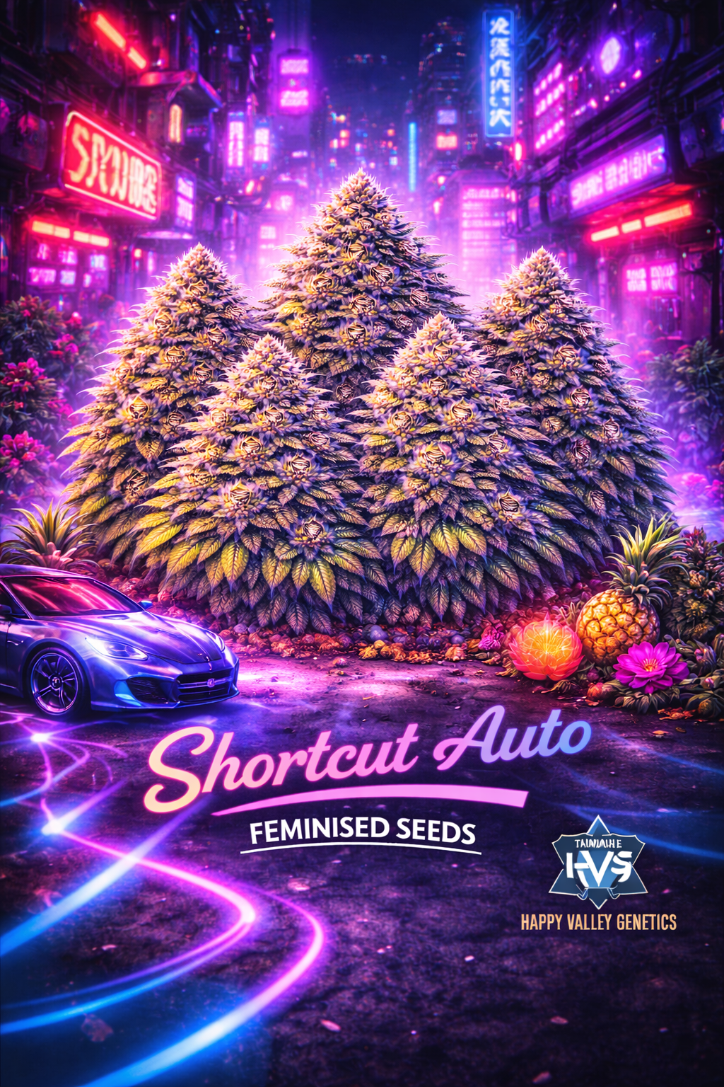 A realistic Shortcut Auto cannabis plant cluster in a neon cyberpunk city with a glowing sports car and pineapples, with the strain name and Happy Valley Genetics logo visible.