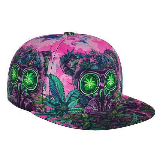 Bear and cannabis leaf graphic snapback baseball cap with colourful illustrated design