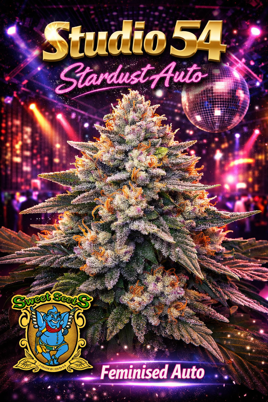 Hyper-realistic Studio 54 Stardust Auto Feminised cannabis plant with dense, sparkling resin-covered buds and a full bushy structure, set against a disco-themed nightclub backdrop, featuring “Studio 54 Stardust Auto” strain branding and Sweet Seeds logo.
