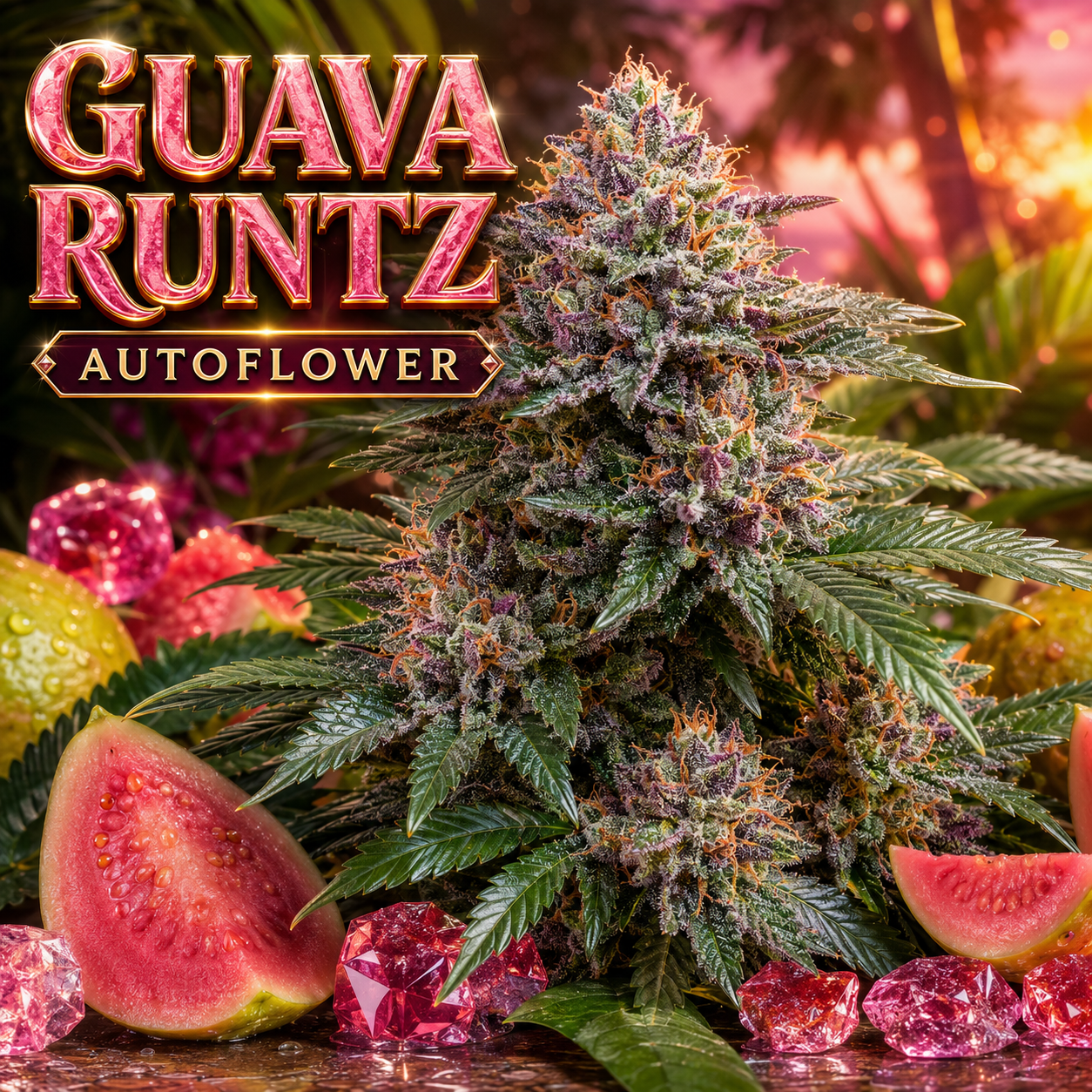 Guava Runtz Autoflower cannabis flower with large green leaves and dense purple-hued buds, surrounded by sliced pink guava fruit and pink gem-like props, with the text 'GUAVA RUNTZ AUTOFLOWER' at the top.