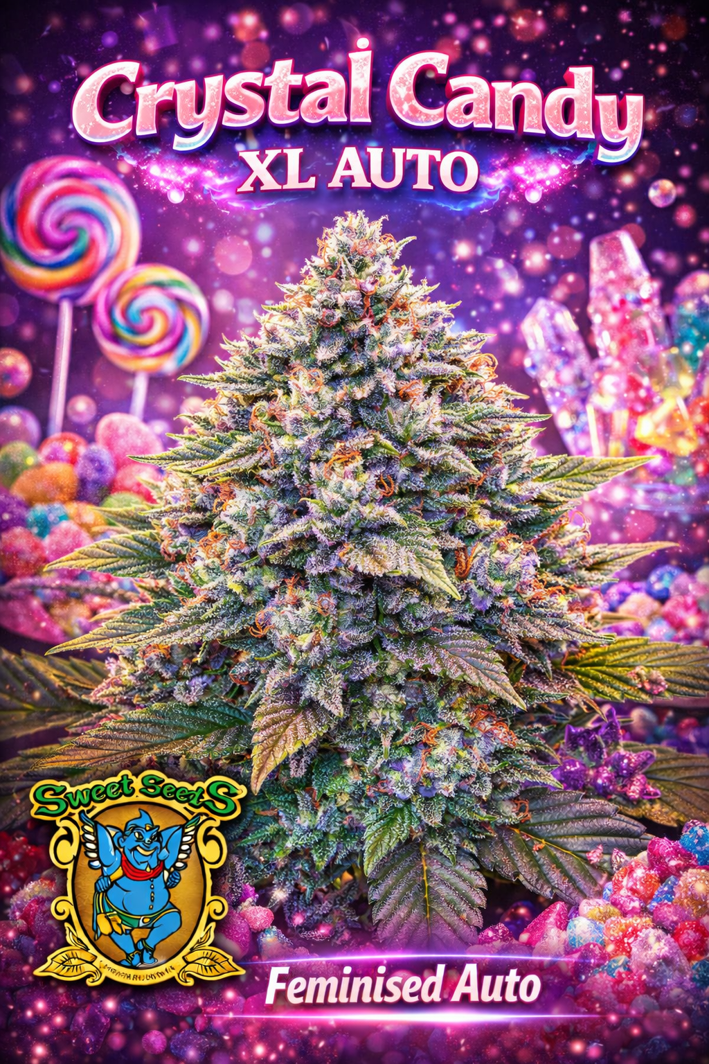 Hyper-realistic Crystal Candy XL Auto Feminised cannabis plant with dense frosty buds, sparkling crystal-like trichomes, bright candy-coloured background, lollipops and sugar elements, and “Crystal Candy XL Auto – Feminised Auto – Sweet Seeds” branding in a vibrant theme.