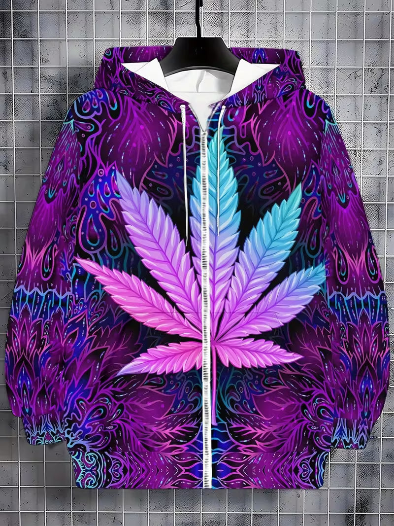 3 Psychedelic purple and blue cannabis leaf zip hoodie with neon abstract pattern