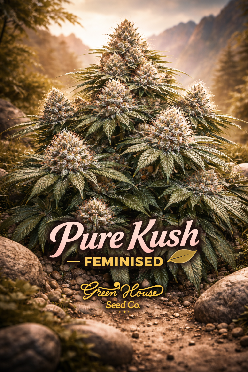 Ultra-high-definition product image of Pure Kush Feminised cannabis seeds by Greenhouse Seed Co., featuring a broad, heavily branched Kush-style plant with multiple dense colas and wide leaves, photographed from a slightly low angle against an earthy, textured background, with the strain name and breeder logo clearly visible.