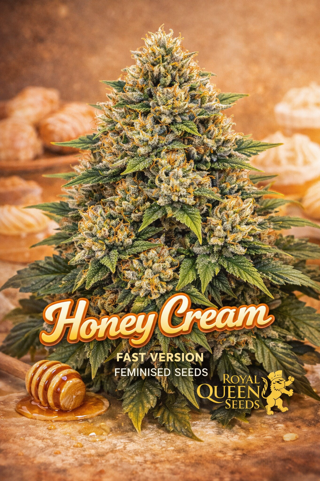 Honey Cream FAST Version cannabis plant with dense frosty white and orange-tinted buds, surrounded by green leaves, set against a warm golden bakery-style background with cupcakes and honey elements, featuring the Honey Cream strain name in bold golden lettering and the Royal Queen Seeds logo.