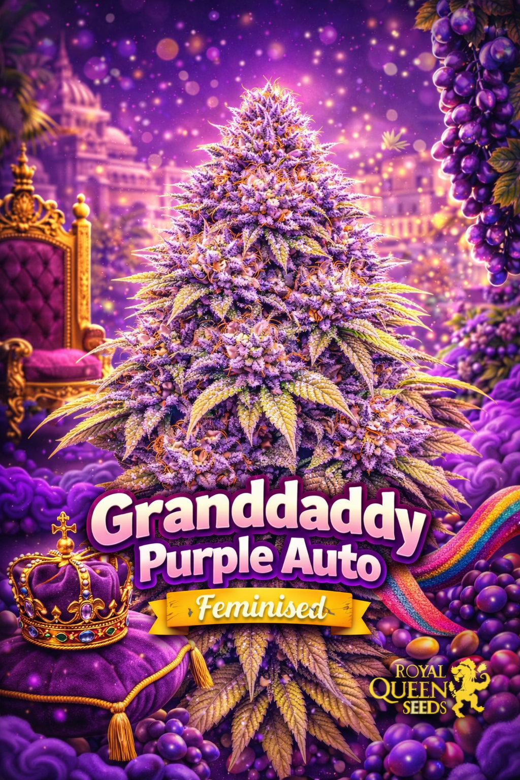 Granddaddy Purple Auto Feminised cannabis plant in a royal purple promo scene with throne, crown, grapes, and Royal Queen Seeds branding.