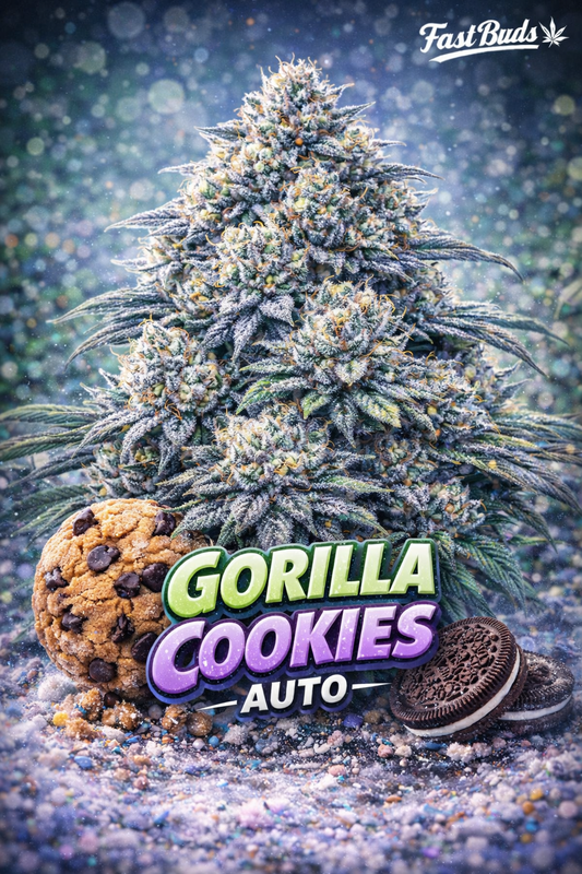 Hyper-realistic promotional artwork of the Gorilla Cookies Auto cannabis plant with dense frosty buds, green and purple tones, cookie and chocolate biscuit props, sparkling textured background, bold strain name, and the Fast Buds logo.