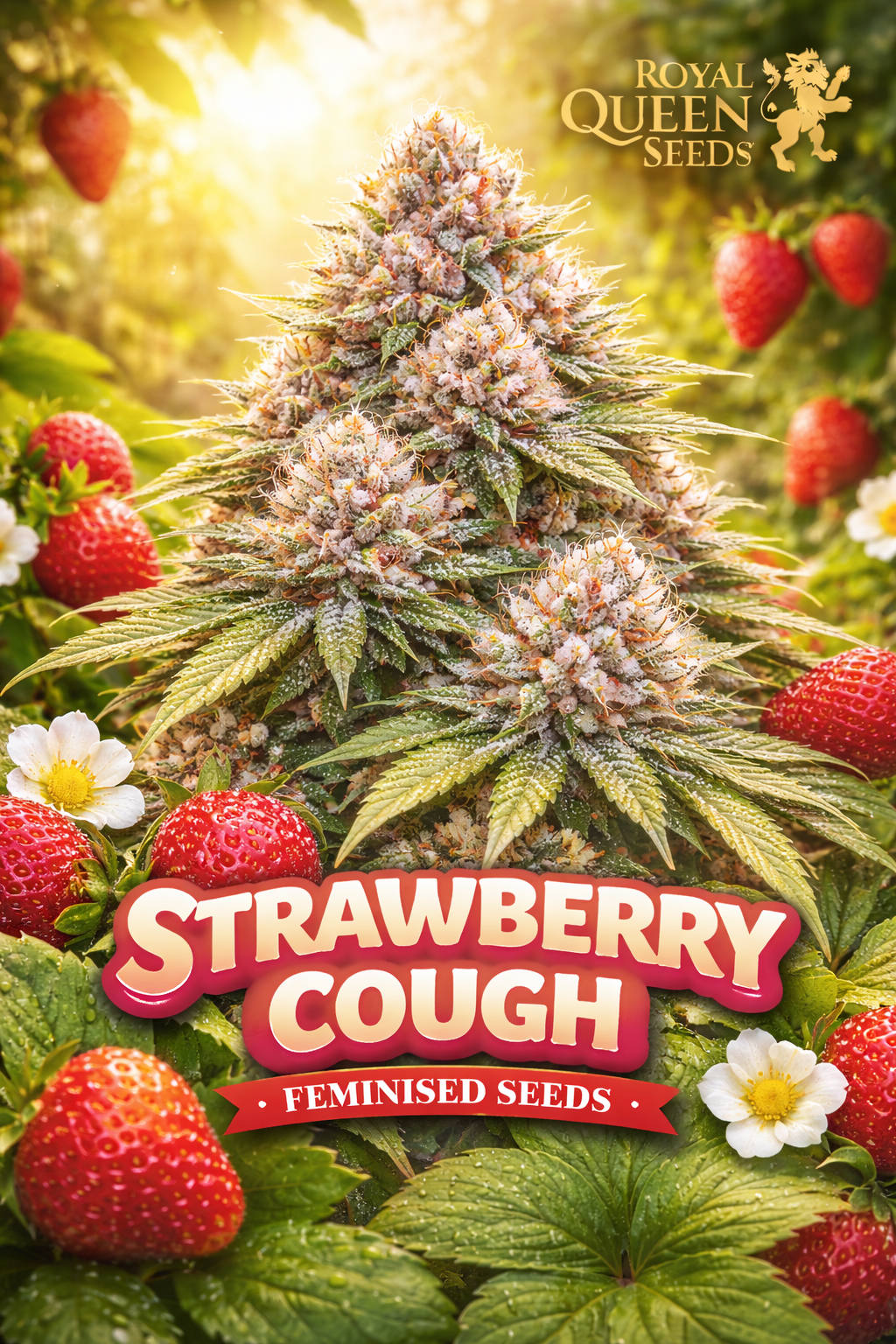 strawberry cough feminised cannabis plant with frosty pink-tinted buds surrounded by ripe strawberries and white strawberry blossoms in a warm sunlit garden featuring the royal queen seeds logo