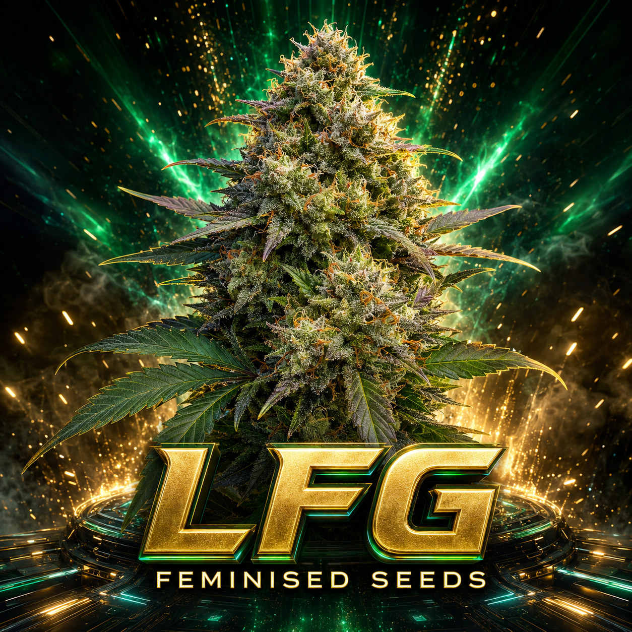 A large, highly detailed cannabis bud centered against a dramatic dark background with green energy effects and gold sparks. Below the bud, the text 'LFG FEMINISED SEEDS' appears in large metallic gold letters.