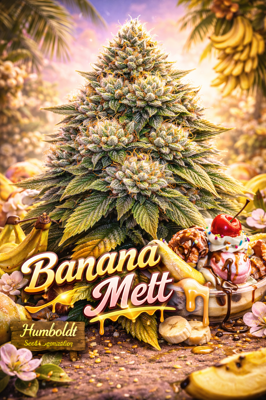 Hyper-realistic Banana Melt Feminised Seeds artwork by Humboldt Seed Company, featuring a dense frosty cannabis plant with bright tropical lighting, dessert-style banana split elements, melting syrup accents, and bold banana-themed strain name typography.