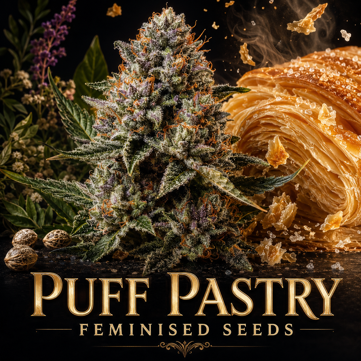 Promotional graphic for 'Puff Pastry' feminised seeds, featuring a large, highly detailed cannabis bud next to a golden-brown flaky pastry, with two walnuts and crystals on a dark background. The text 'PUFF PASTRY' and 'FEMINISED SEEDS' is displayed in gold at the bottom.