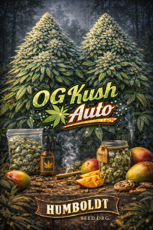 Hyper-realistic promotional artwork for OG Kush Auto Feminised Seeds by Humboldt Seed Org., featuring two large frosty green cannabis plants with dense OG-style buds and abundant fan leaves, set against a misty dark forest backdrop, surrounded by a jar of buds, a ziplock bag, a lit blunt, an amber dropper bottle, bullet casings, ripe mangoes, bold strain text, and the Humboldt Seed Org. logo at the bottom.