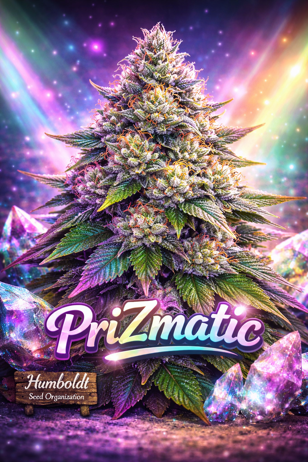 Hyper-realistic PriZmatic Feminised Seeds artwork for Humboldt Seed Organization, featuring a dense multicoloured cannabis plant with frosty trichomes, purple and green sugar leaves, prismatic crystal accents, and bold iridescent strain name typography on a cosmic rainbow background.