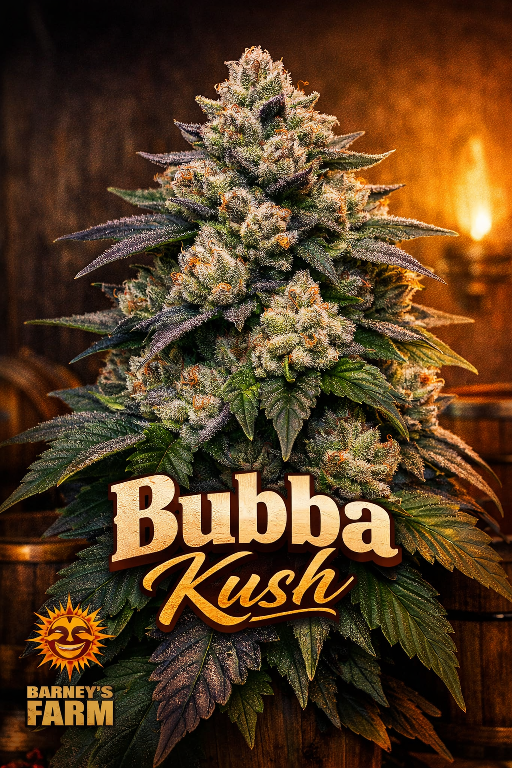 Hyper-realistic promotional artwork of a Bubba Kush cannabis plant with dense, frosty buds and deep green–purple leaves, set against a warm rustic background. “Bubba Kush” appears in large wooden-style lettering at the bottom with the Barney’s Farm logo placed subtly in the corner. No grow equipment shown; purely an artistic collector’s image.
