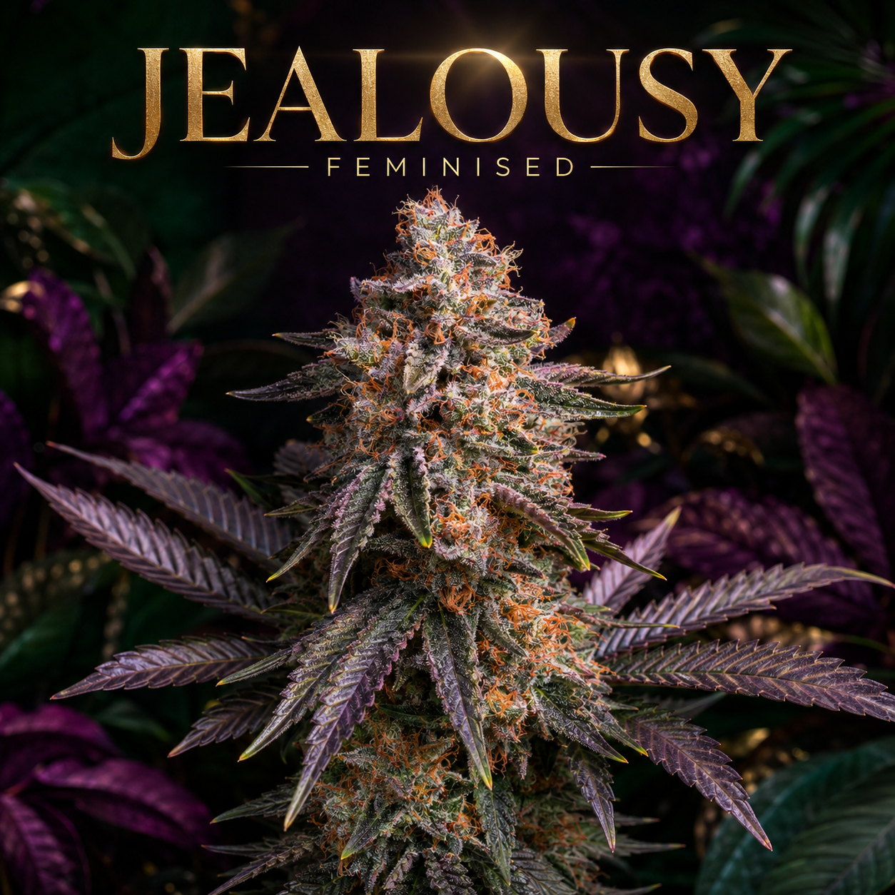 A close-up of a cannabis flower bud with purple leaves and orange pistils, set against a dark background with the text 'JEALOUSY FEMINISED' in gold at the top.