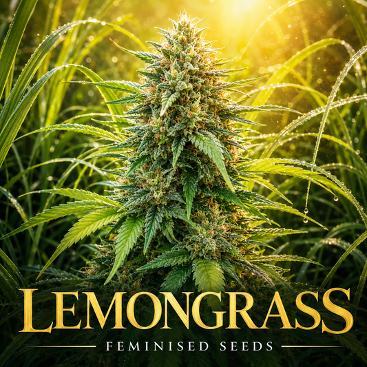A close-up of a cannabis plant bud labeled 'LEMONGRASS' with 'FEMINISED SEEDS' text, set against a sunlit grassy background.