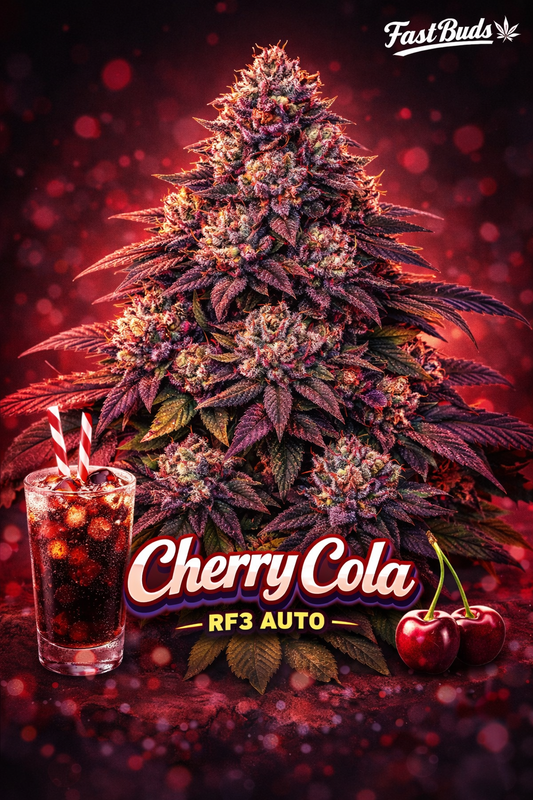 Hyper-realistic promotional artwork of the Cherry Cola RF3 Auto cannabis plant with deep red and purple frosty buds, dramatic red bokeh background, glass of cherry cola with ice and striped straws, fresh cherries, prominent strain name, and the Fast Buds logo.