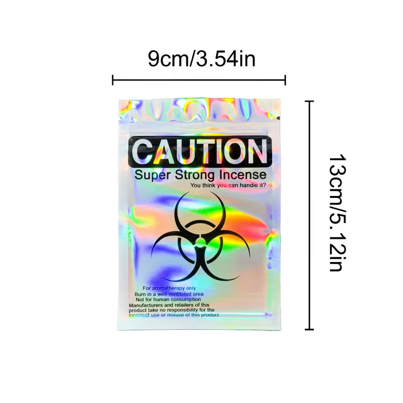 Holographic resealable Mylar seed storage bags with iridescent finish and caution-style design, suitable for small collectible seed storage