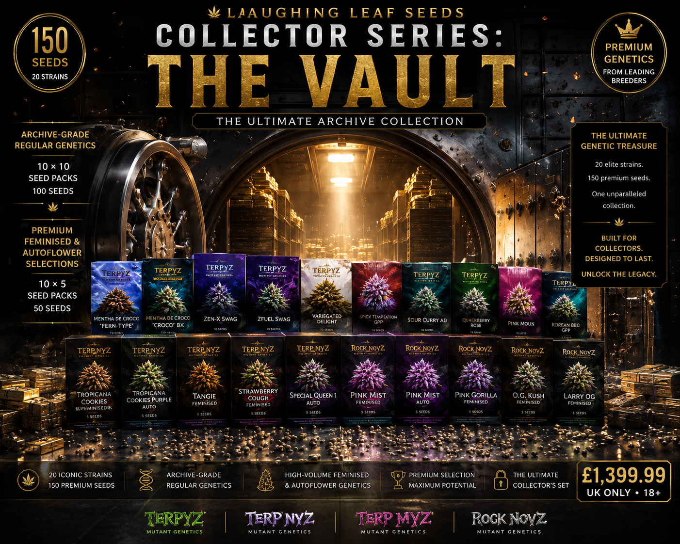Collector Series The Vault featuring 150 cannabis seeds across 20 strains displayed before an open bank vault.