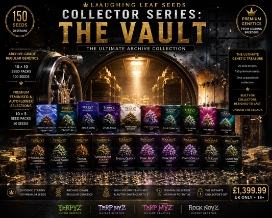 Collector Series The Vault featuring 150 cannabis seeds across 20 strains displayed before an open bank vault.