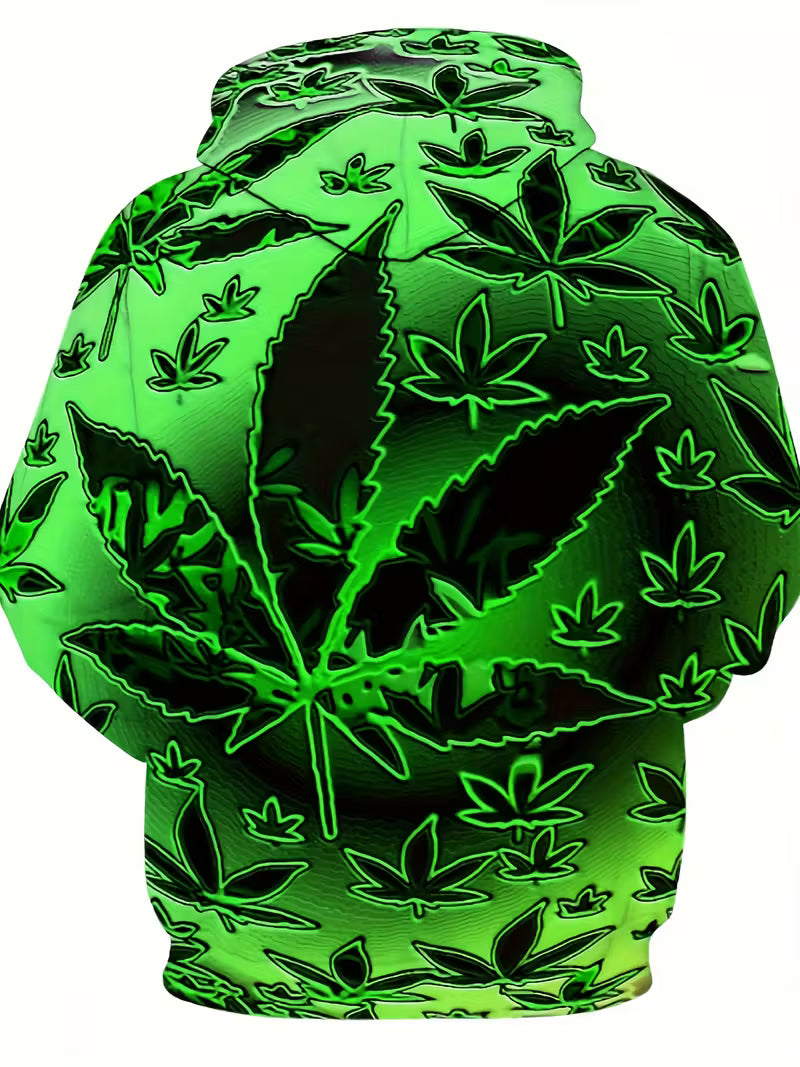 Neon green cannabis leaf glow hoodie with all-over luminous weed pattern streetwear 2