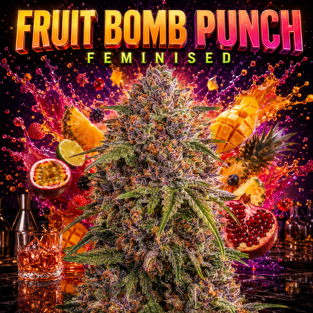 A colorful graphic with the text 'FRUIT BOMB PUNCH FEMINISED' above a large cannabis bud surrounded by fruit slices and splashes, with bar elements at the bottom.