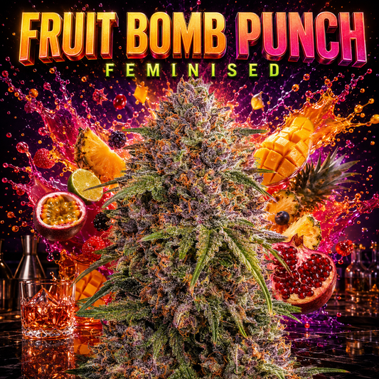 A colorful graphic with the text 'FRUIT BOMB PUNCH FEMINISED' above a large cannabis bud surrounded by fruit slices and splashes, with bar elements at the bottom.