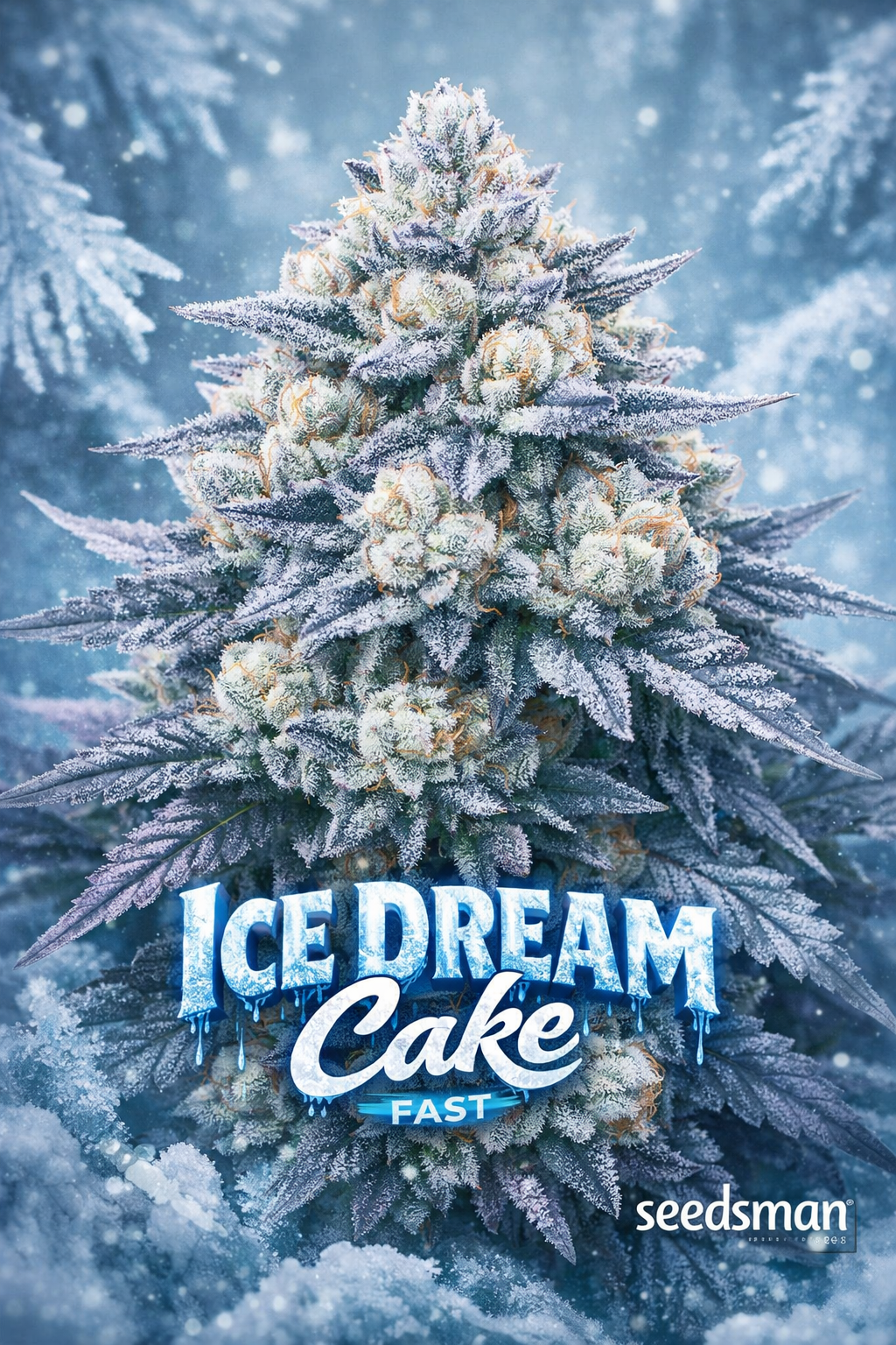 Hyper-realistic icy-themed cannabis artwork for Ice Dream Cake Fast Feminised Seeds by Seedsman, featuring a dense frost-covered plant with blue-white trichomes, large pointed fan leaves, snowy winter background, and the strain name with Seedsman logo displayed at the bottom.