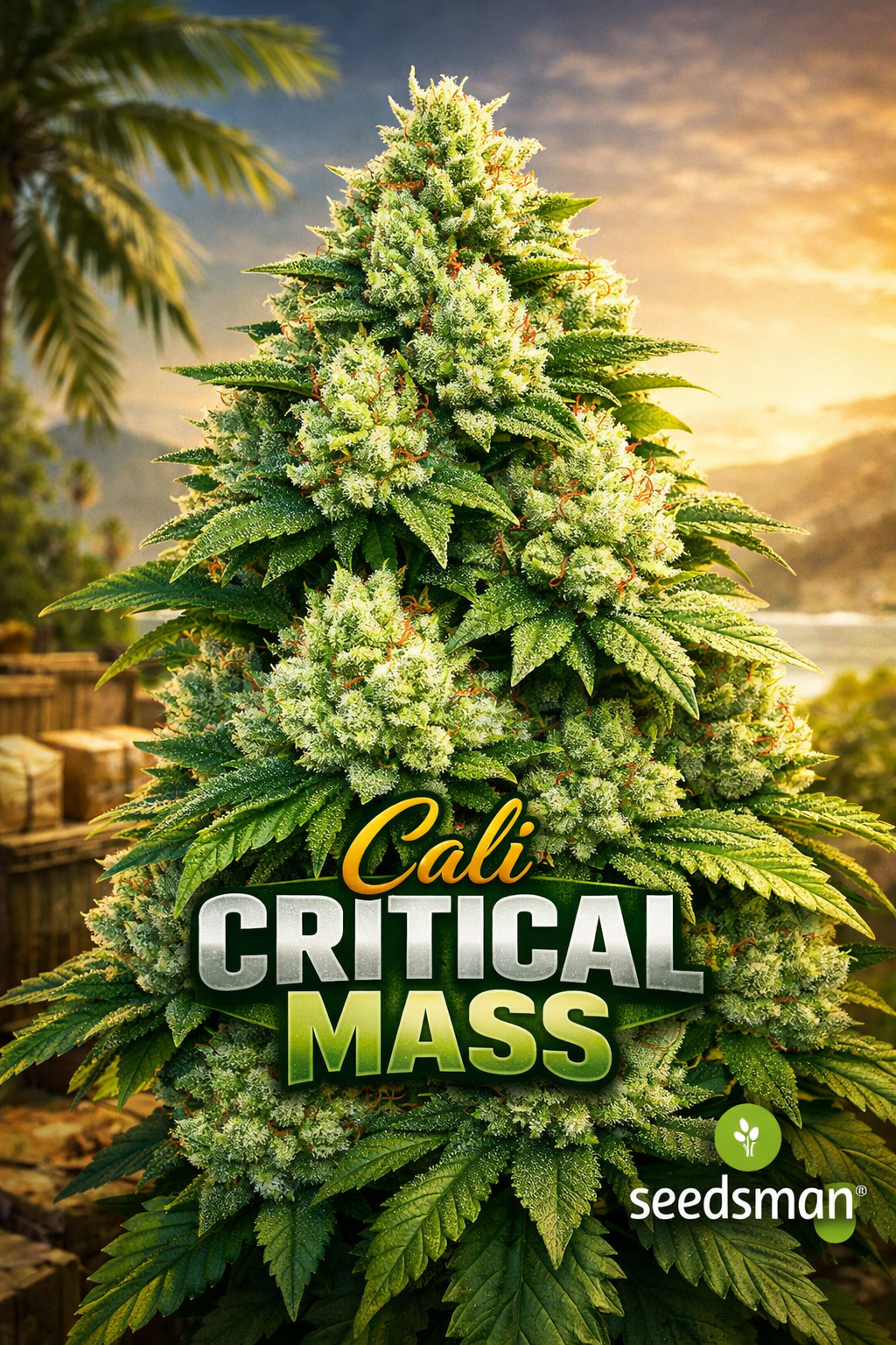 cali critical mass feminised seeds by seedsman hyper realistic cannabis plant image with large dense colas heavy branching bright green frosty buds unique background and strain name displayed prominently