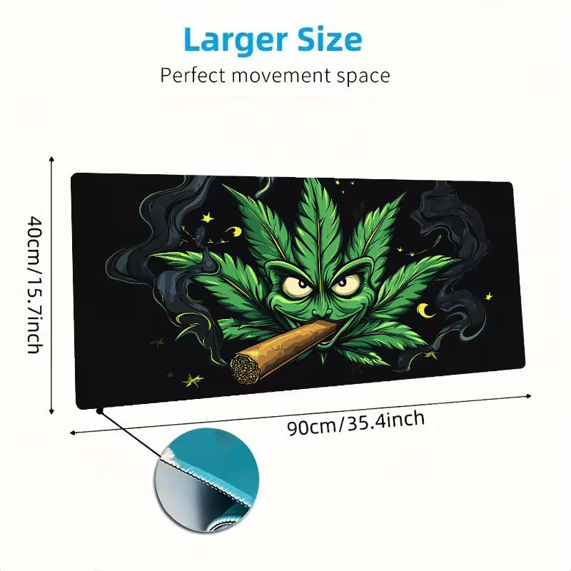 Large cannabis leaf and cigar graphic mouse pad on a desk surface