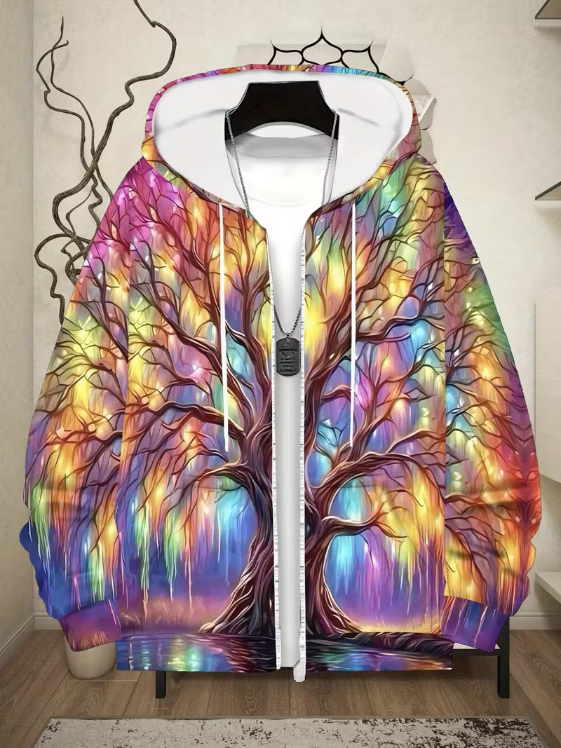 Stunning Psychedelic rainbow tree zip hoodie with glowing forest reflection festival design