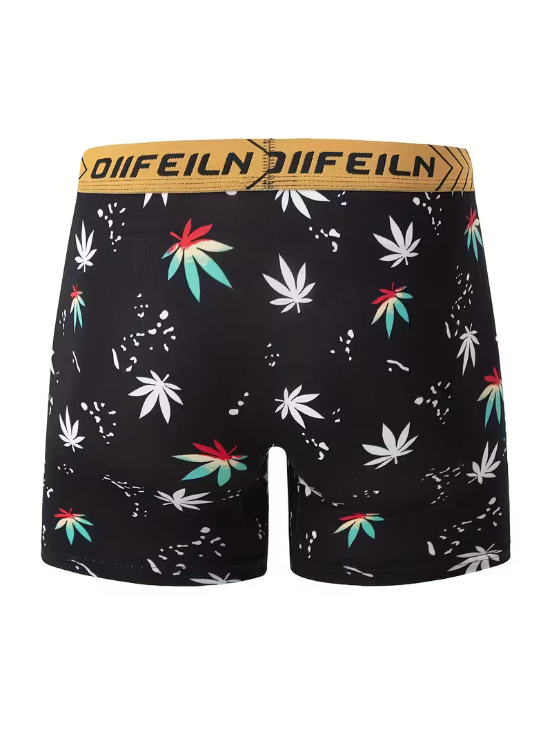 Men’s cannabis leaf print boxer briefs six-pack with assorted graphic designs