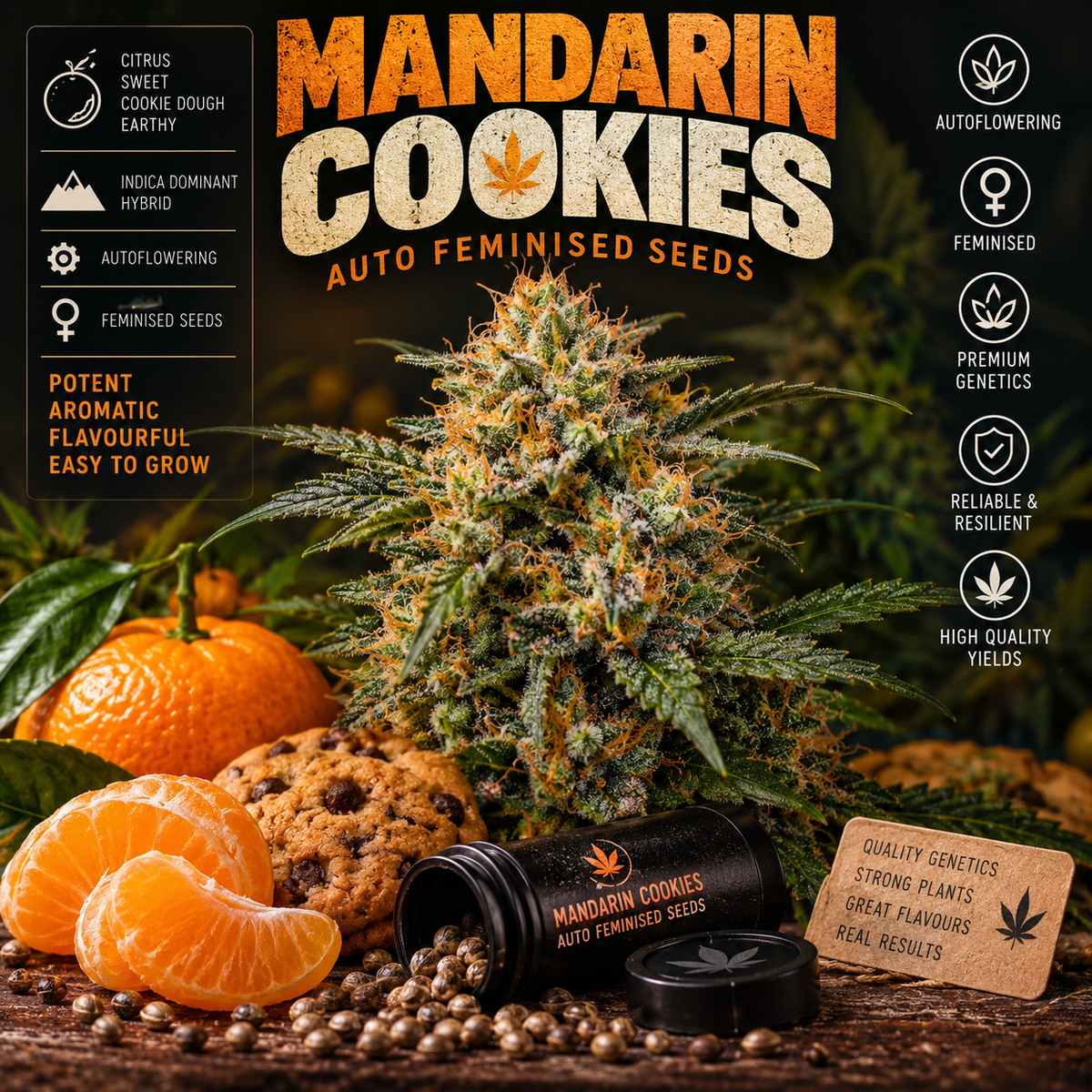 Mandarin Cookies Auto Feminised Seeds promotional image featuring a resinous cannabis flower surrounded by fresh mandarins and cookies, with bold orange and cream strain branding.