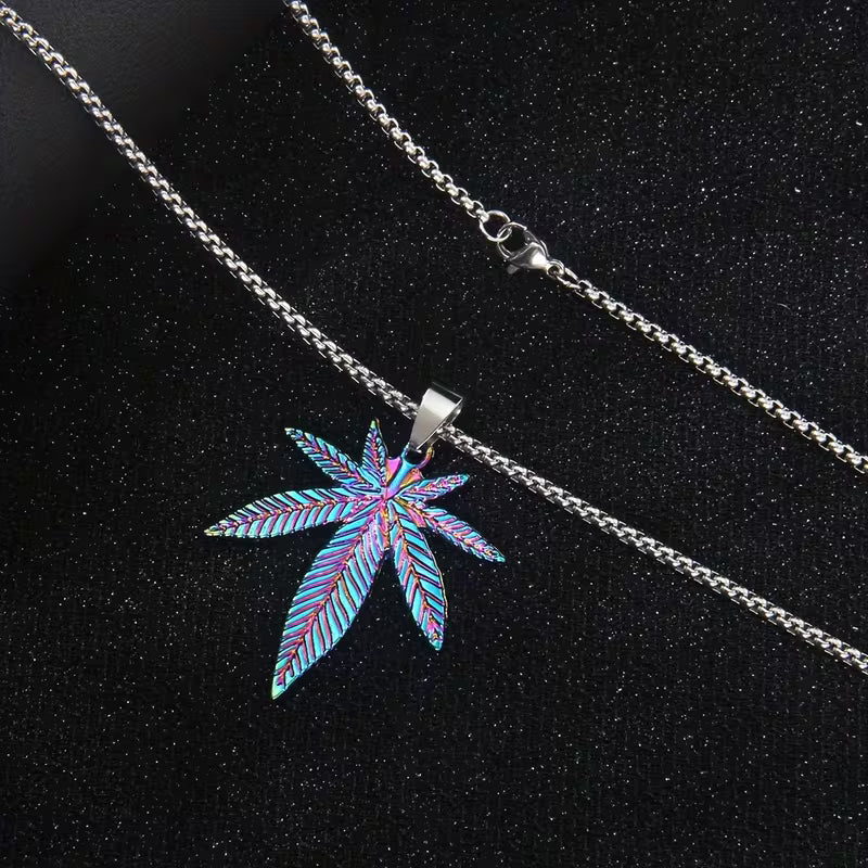 Necklace with a colorful leaf pendant on a black background