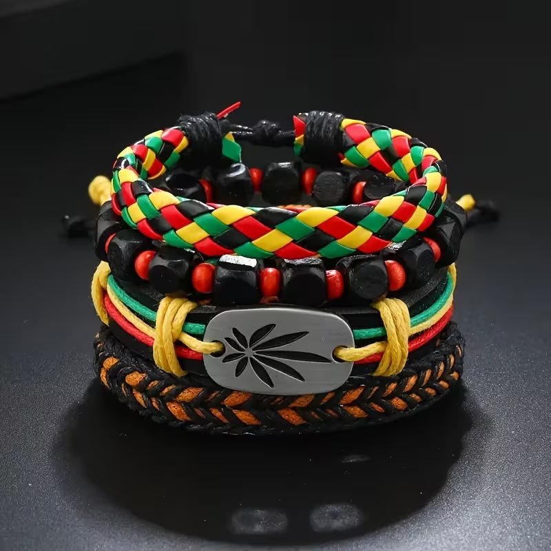 Men’s red yellow green cannabis leaf rasta bracelet set with woven and beaded designs