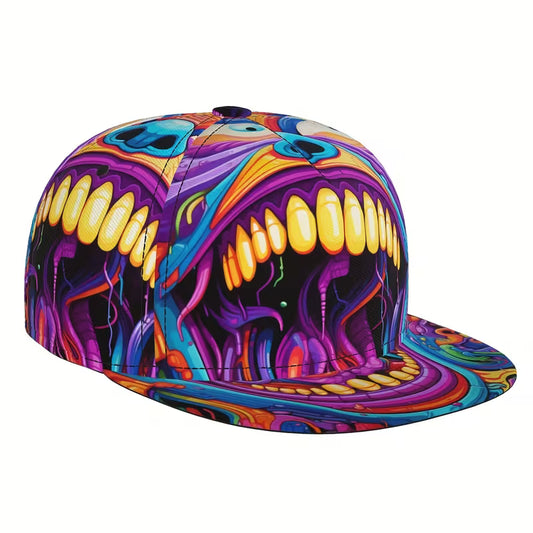 Psychedelic monster mouth snapback cap with vibrant multicolour graphic and flat brim streetwear design.