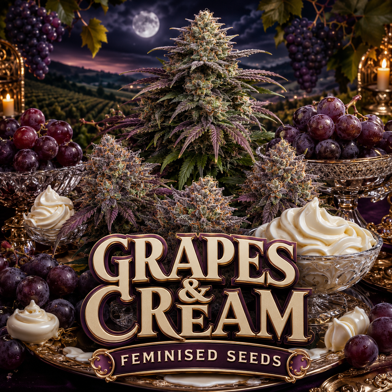 A stylized promotional graphic for 'Grapes & Cream Feminised Seeds' featuring multiple large, detailed cannabis flower buds arranged on an ornate gold tray, surrounded by bowls of creamy white dessert, clusters of dark purple grapes, and a dark vineyard landscape at night under a full moon in the background.