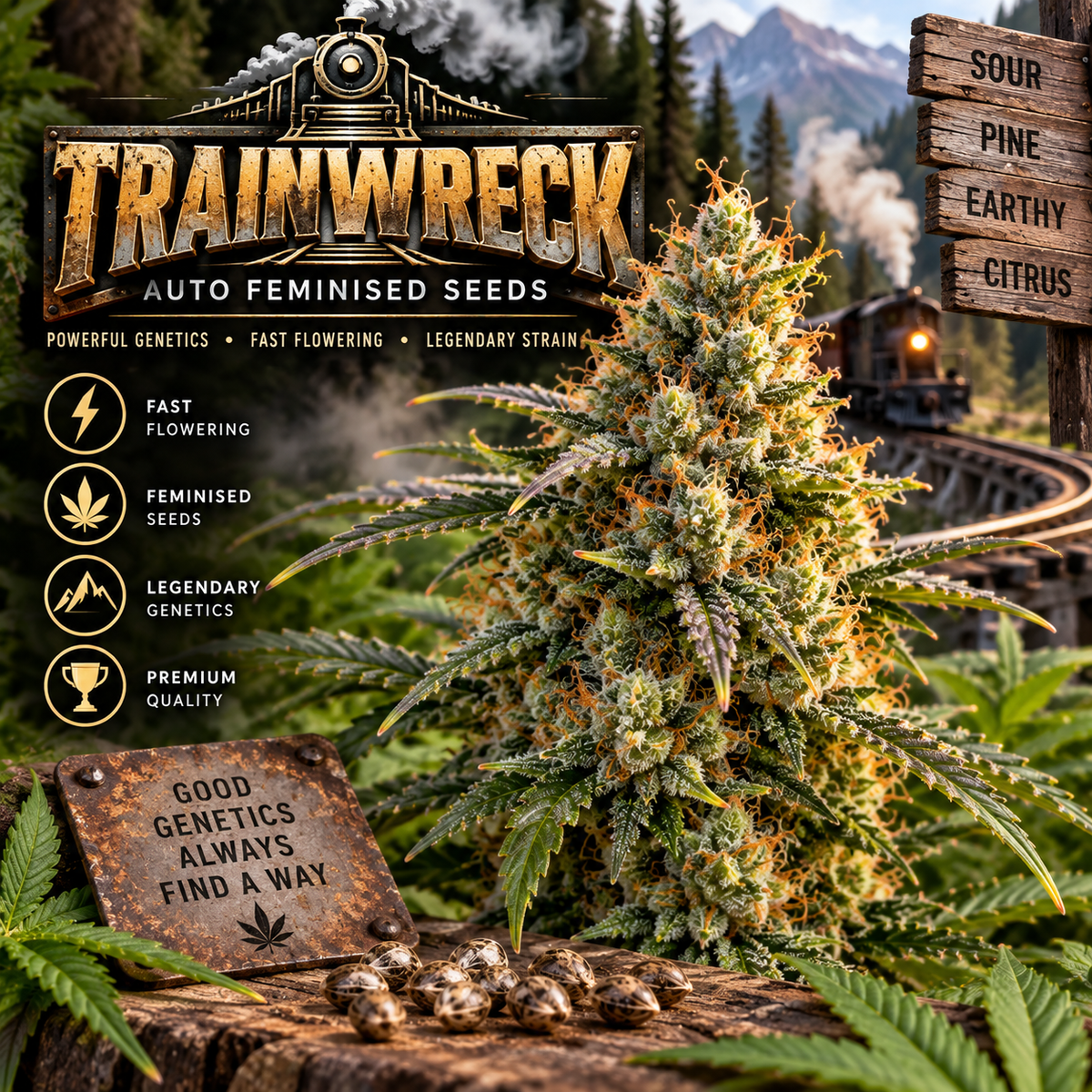Trainwreck Auto Feminised Seeds promotional image featuring a dense, resin-covered cannabis flower beside a vintage steam train, mountain railway scenery and scattered cannabis seeds.