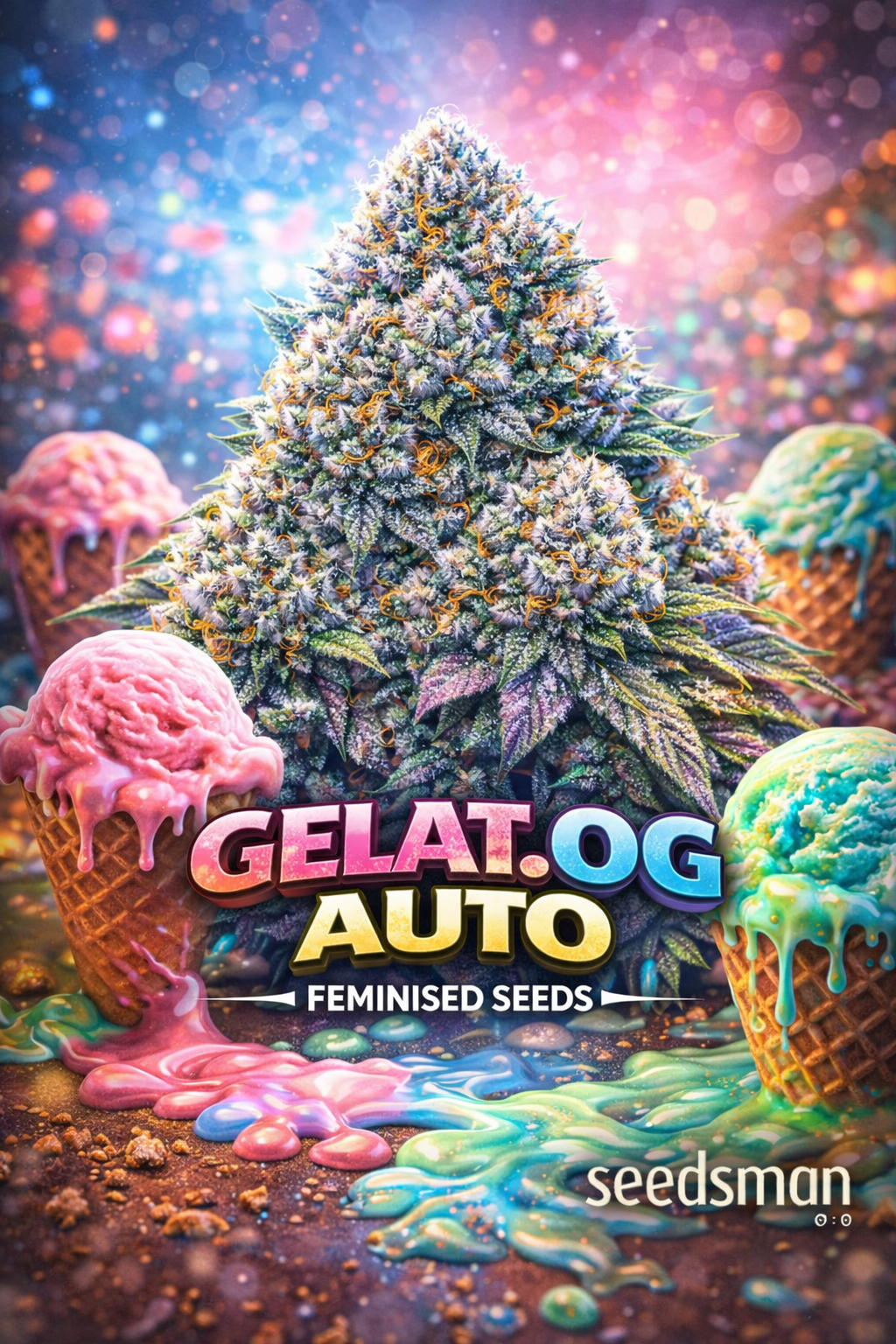 Hyper-realistic promotional image of a large frosty Gelat.OG Auto cannabis bud with purple, green, and blue tones covered in dense trichomes and orange pistils, surrounded by melting colourful ice cream scoops and waffle cones. Bold “Gelat.OG Auto Feminised Seeds” text appears at the bottom with the Seedsman logo.