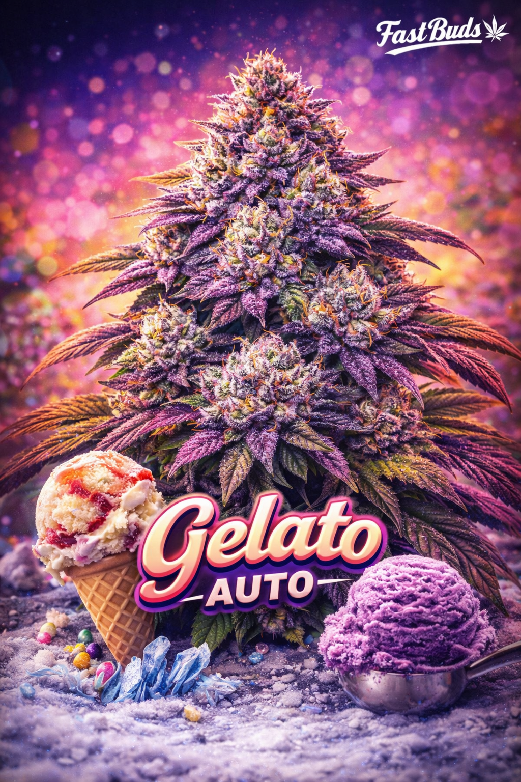 Hyper-realistic promotional artwork of the Gelato Auto cannabis plant with vibrant purple, orange, and green frosty buds, colourful bokeh background, ice cream cone and gelato scoop props, bold “Gelato Auto” text, and the Fast Buds logo.