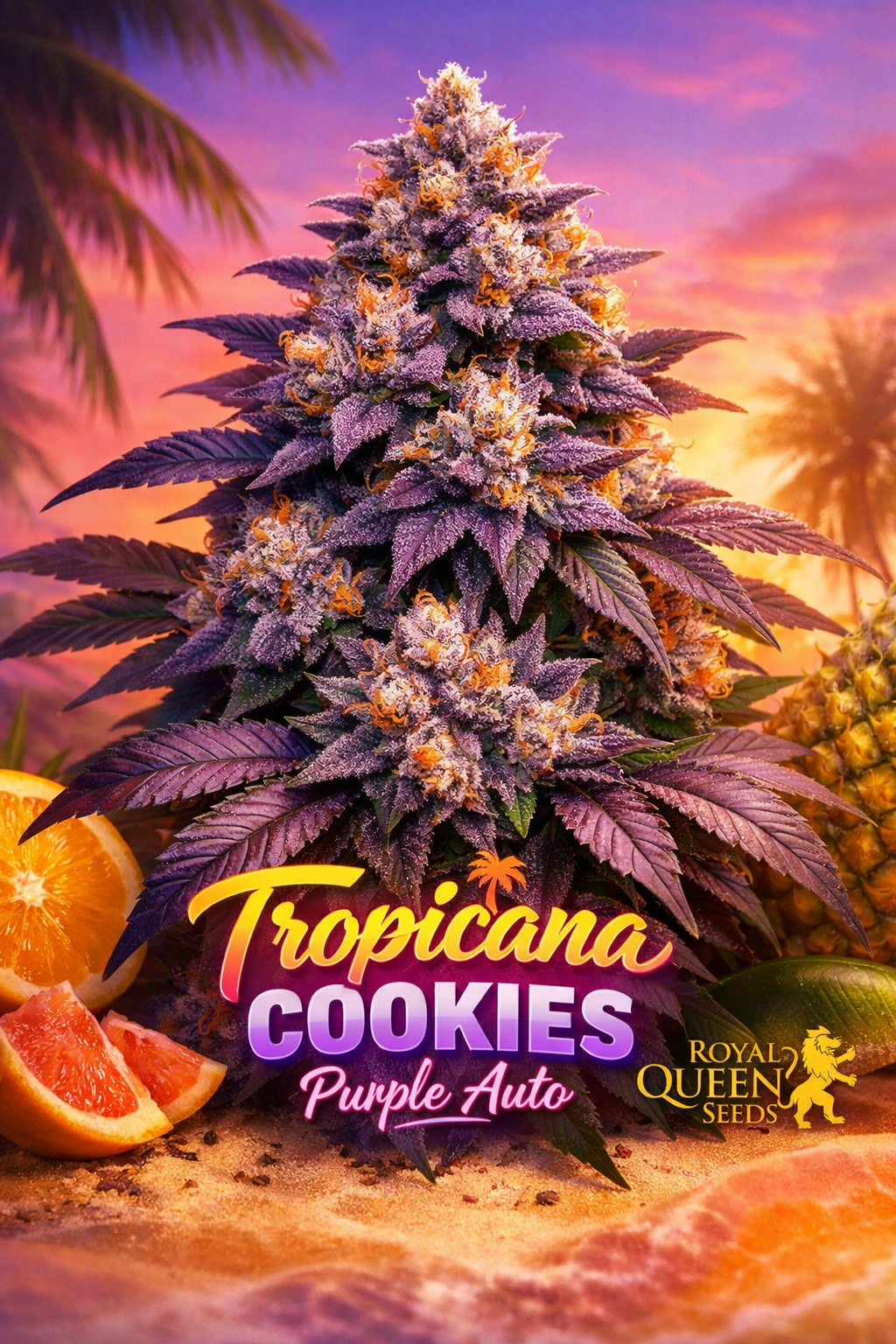 tropicana cookies purple auto cannabis plant with deep purple buds, frosty trichomes, orange pistils, tropical sunset background, palm trees, sliced citrus fruit, royal queen seeds logo in corner